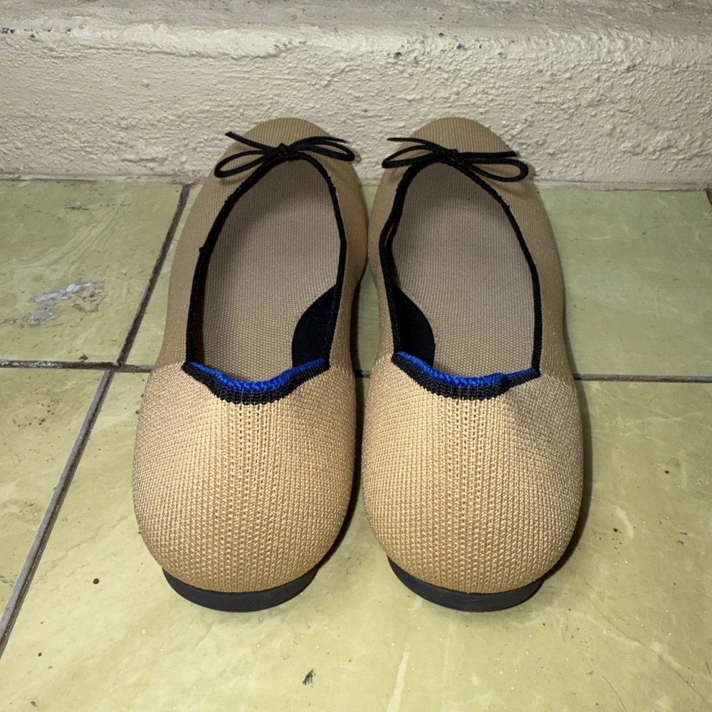 Rothy’s Tan Knit Ballet Flats Black Bow Round Toe Sustainable Size 9.5 - Picture 9 of 9